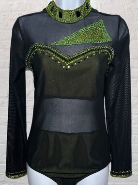Glamour Costumes Black & Green Jewel Embellished Sheer Bodysuit in Size Small